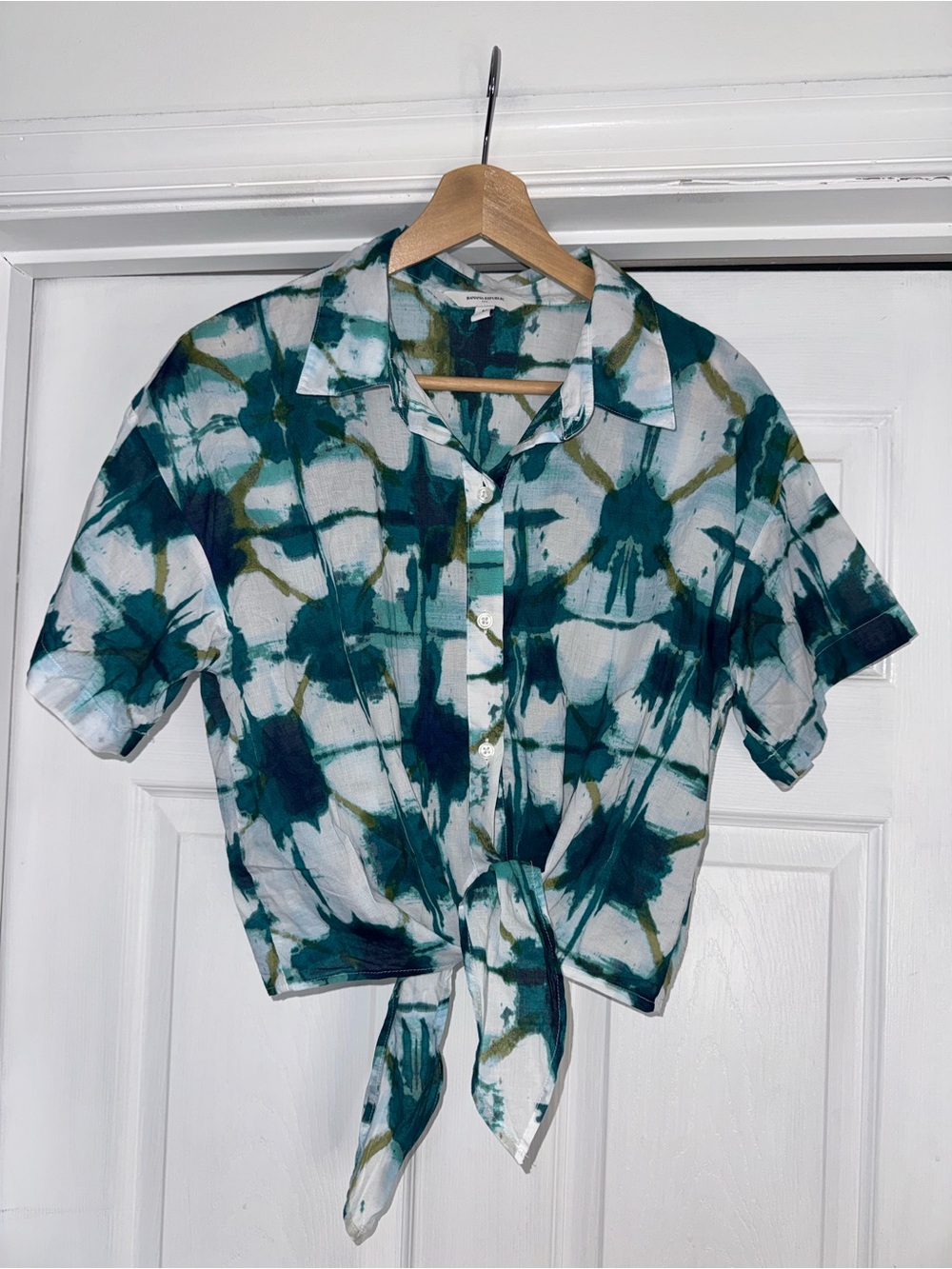 Banana Republic Voile Tie-Front Shirt White Green M - Picture 4 of 7